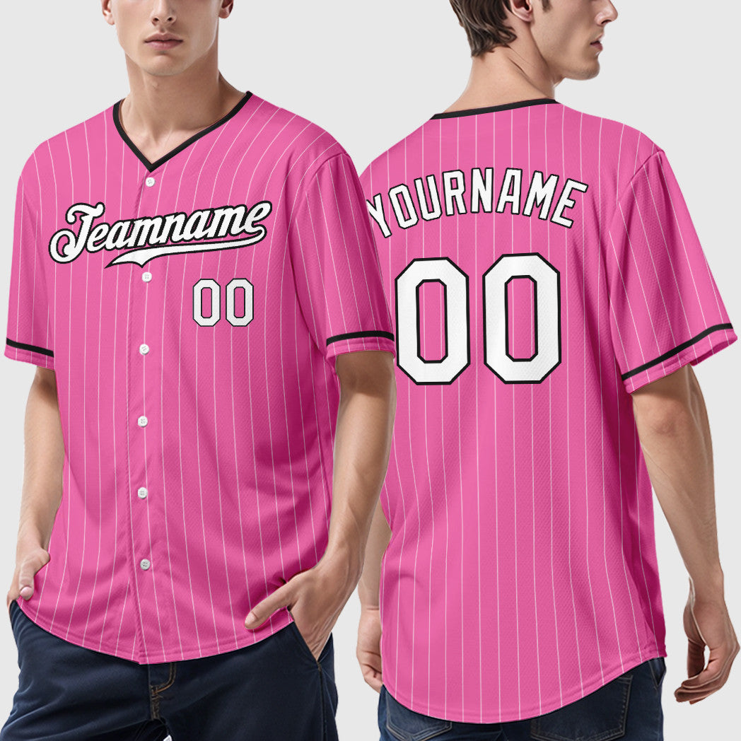 Custom Pink White-Black Pinstripe Baseball Jersey
