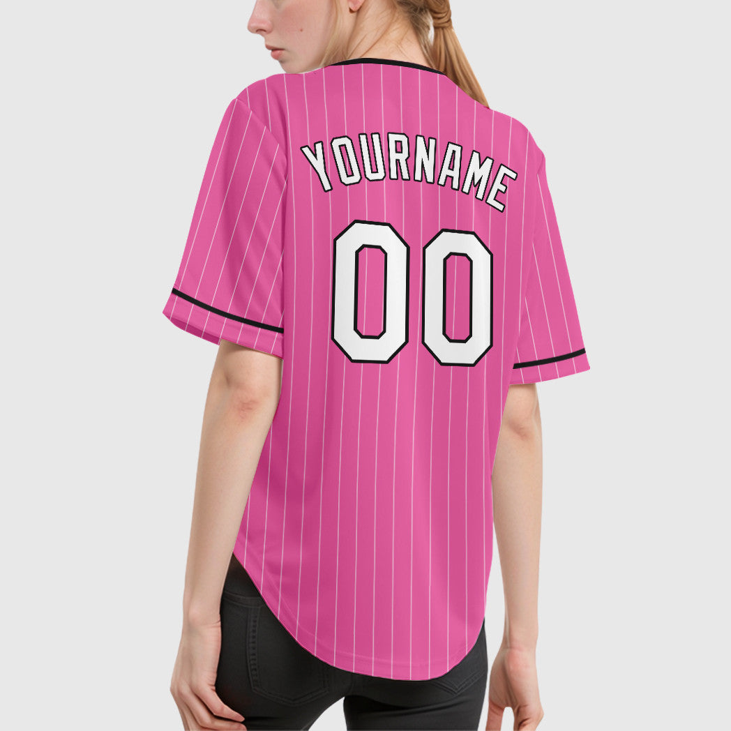 Custom Pink White-Black Pinstripe Baseball Jersey