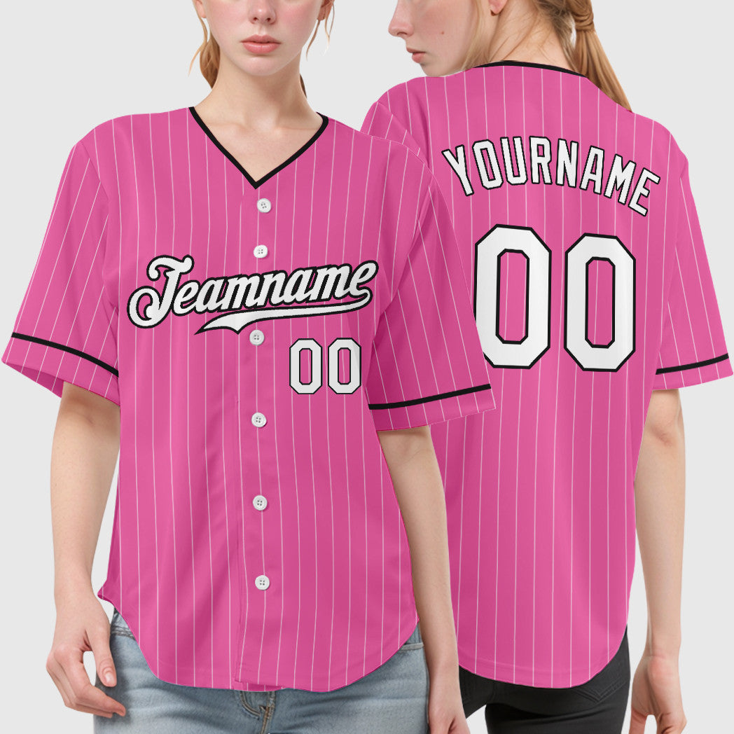 Custom Pink White-Black Pinstripe Baseball Jersey