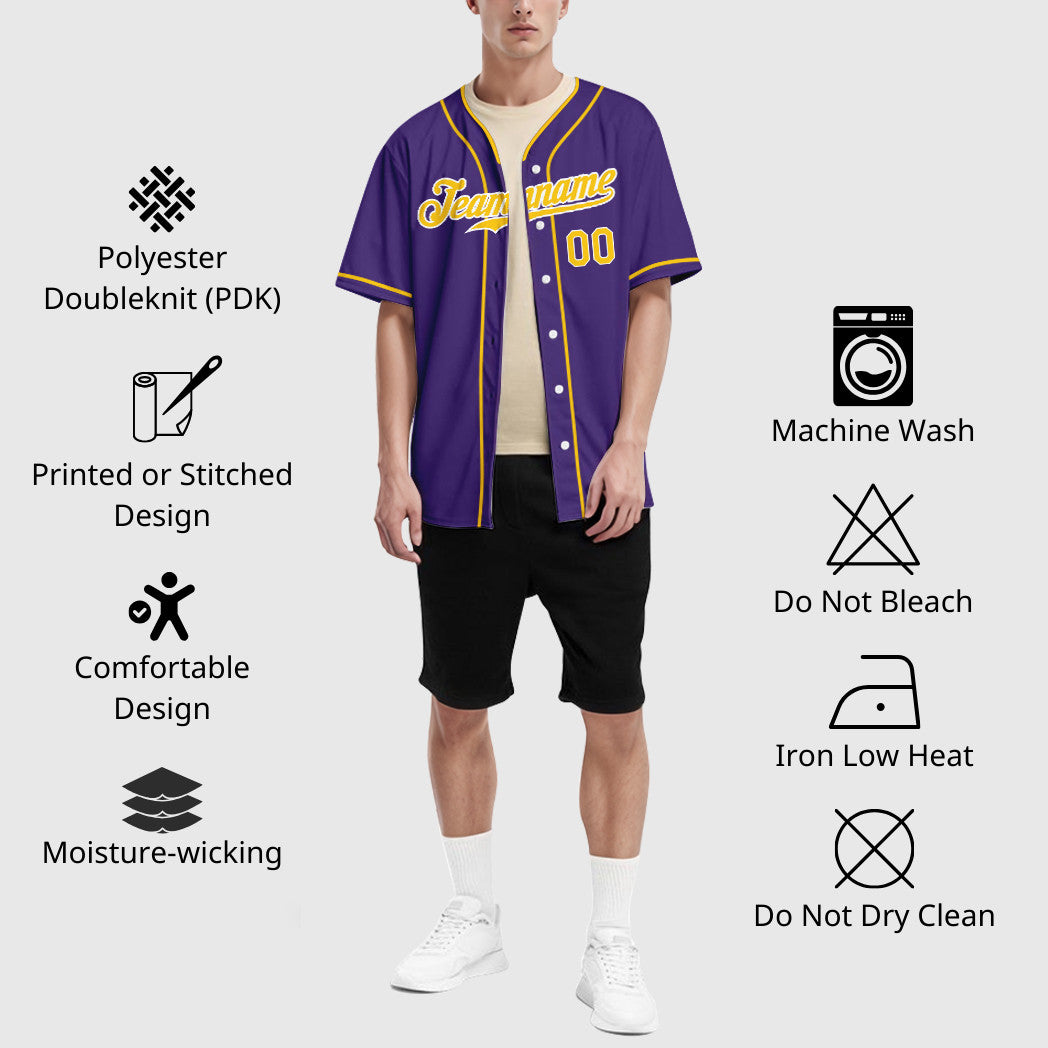 Custom Purple Gold-White Piping Baseball Jersey