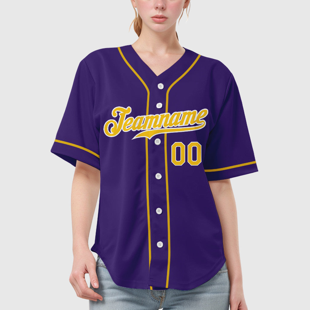 Custom Purple Gold-White Piping Baseball Jersey