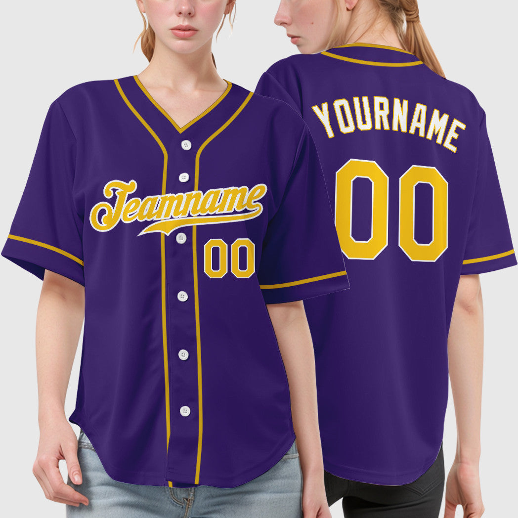 Custom Purple Gold-White Piping Baseball Jersey