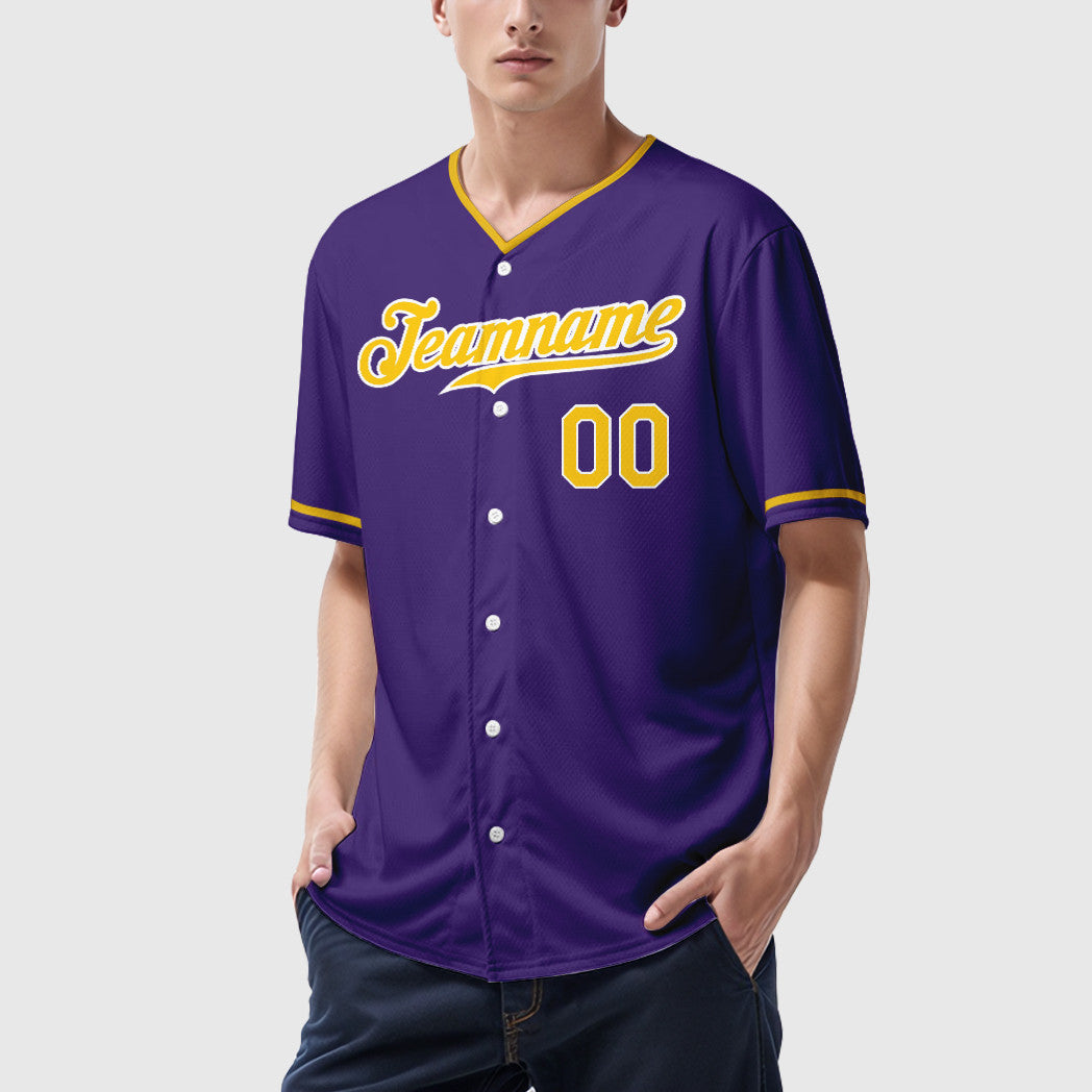 Custom Purple Gold-White Collar Sleeve Baseball Jersey