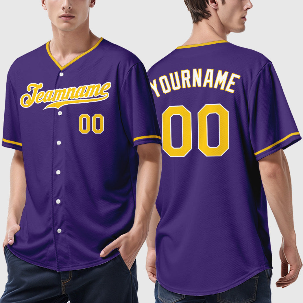 Custom Purple Gold-White Collar Sleeve Baseball Jersey