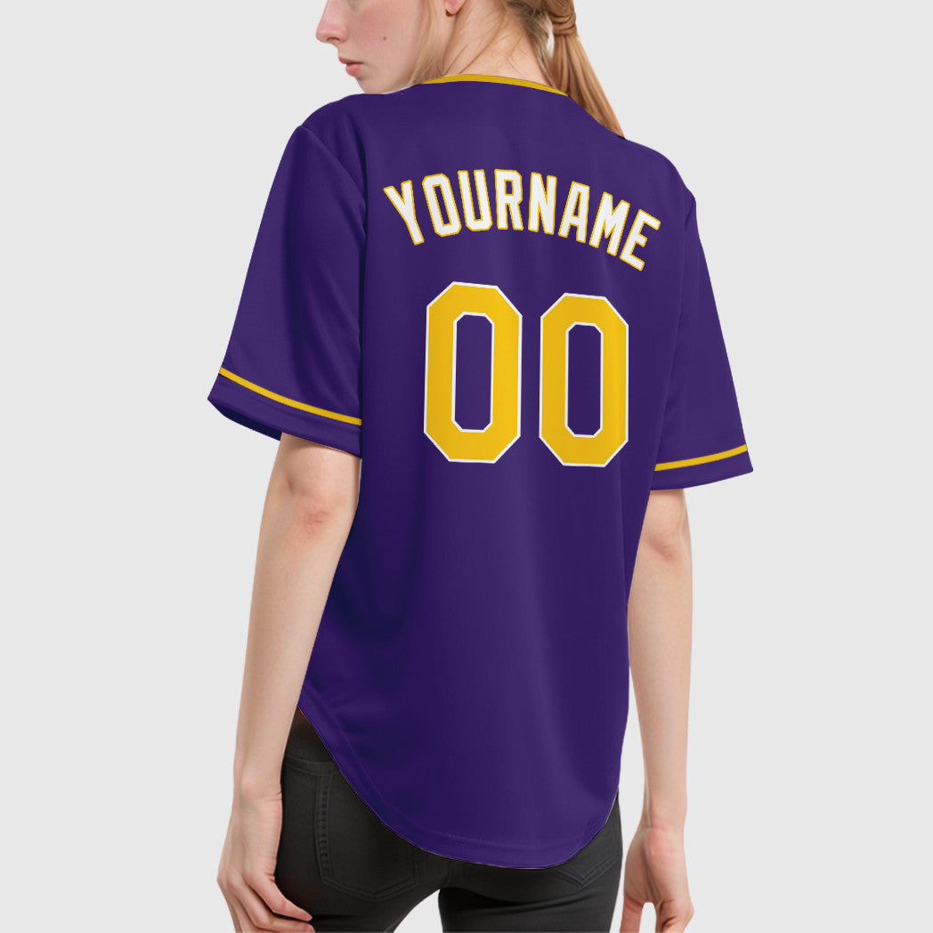 Custom Purple Gold-White Collar Sleeve Baseball Jersey