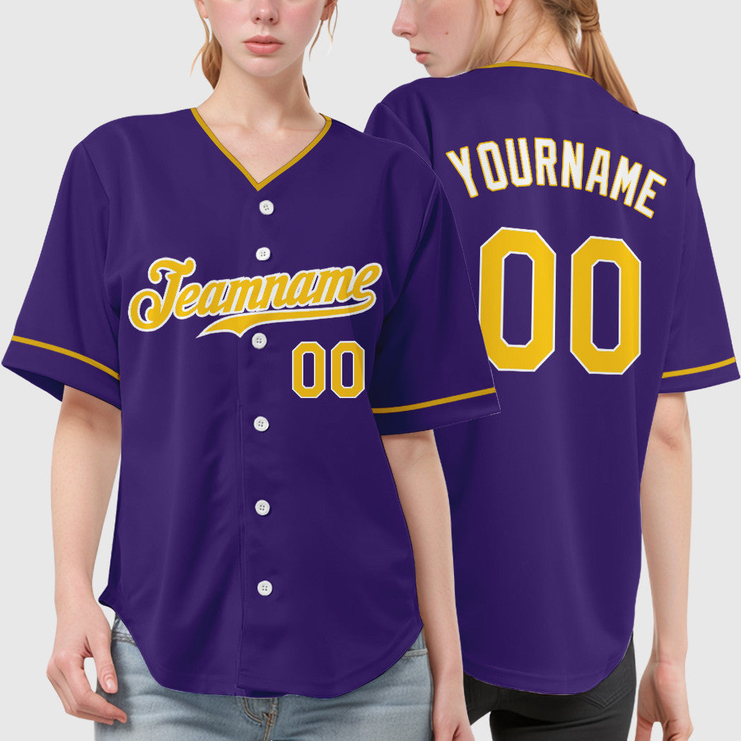 Custom Purple Gold-White Collar Sleeve Baseball Jersey