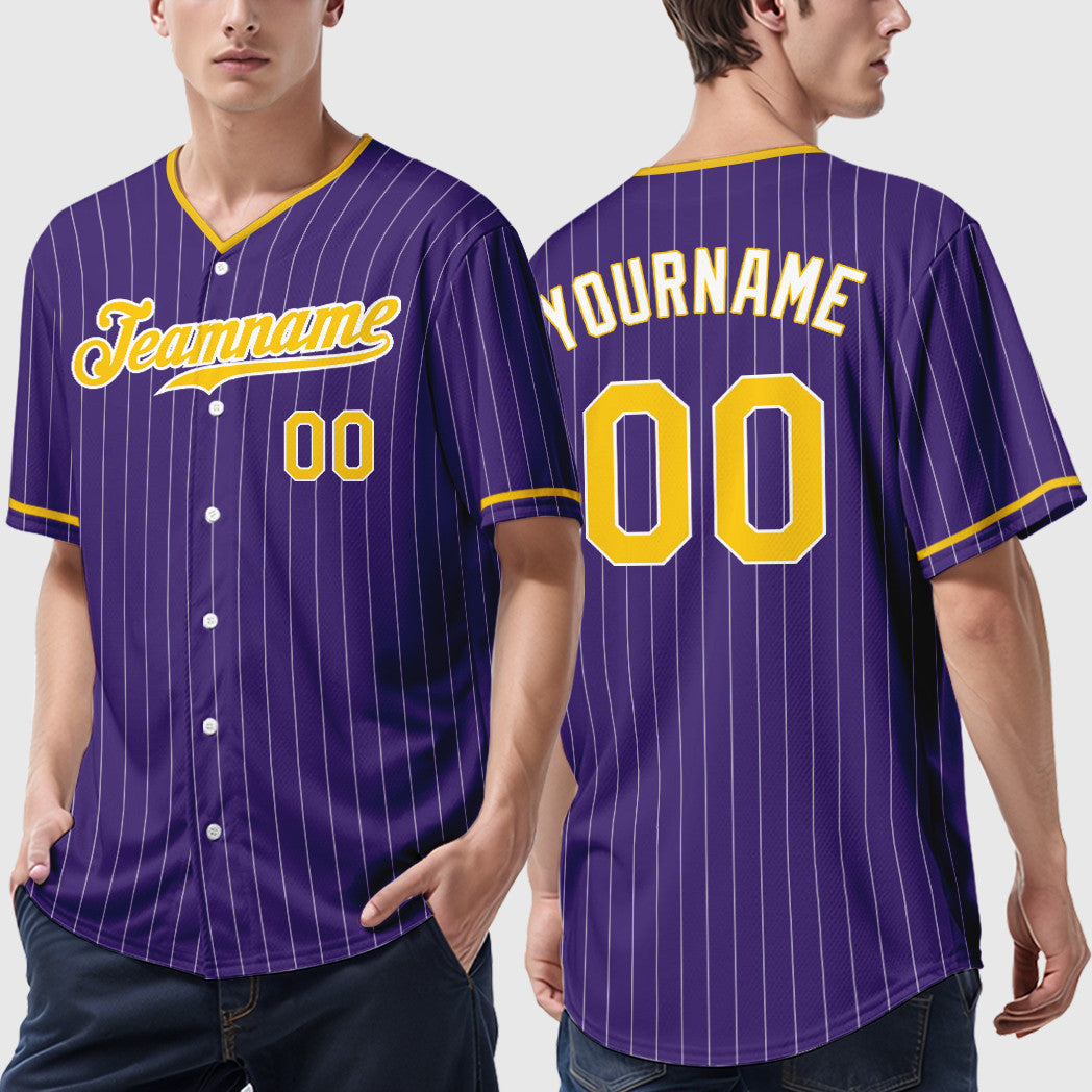 Custom Purple Gold-White Pinstripe Baseball Jersey