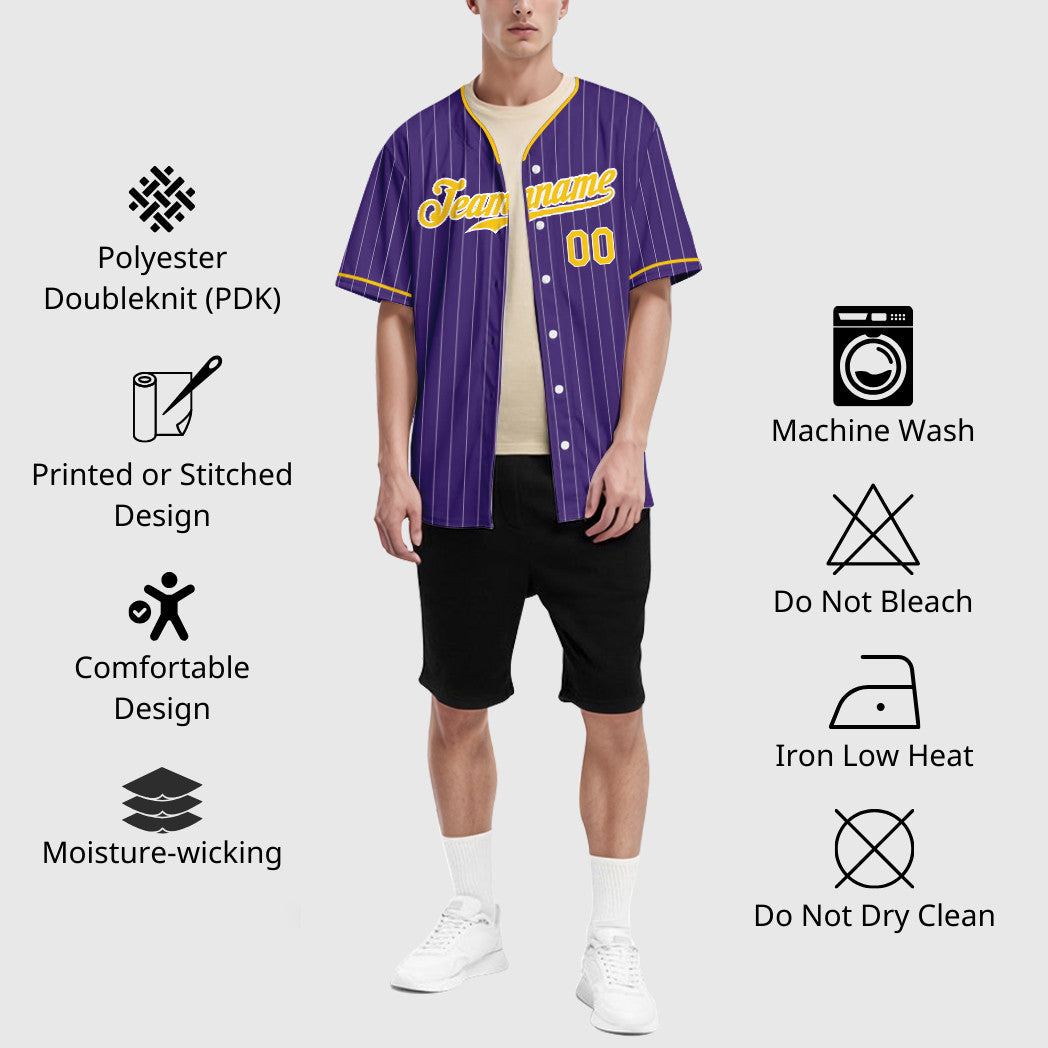 Custom Purple Gold-White Pinstripe Baseball Jersey