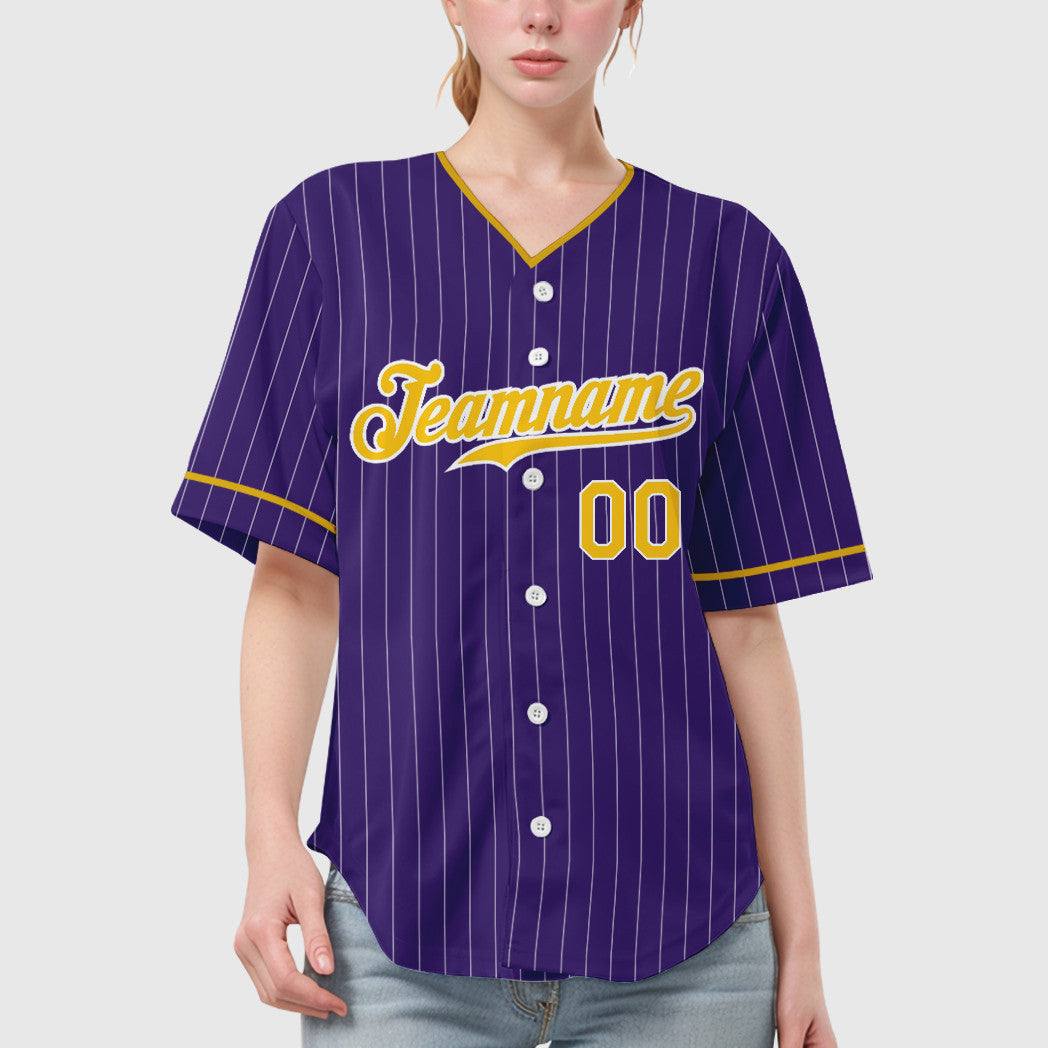 Custom Purple Gold-White Pinstripe Baseball Jersey