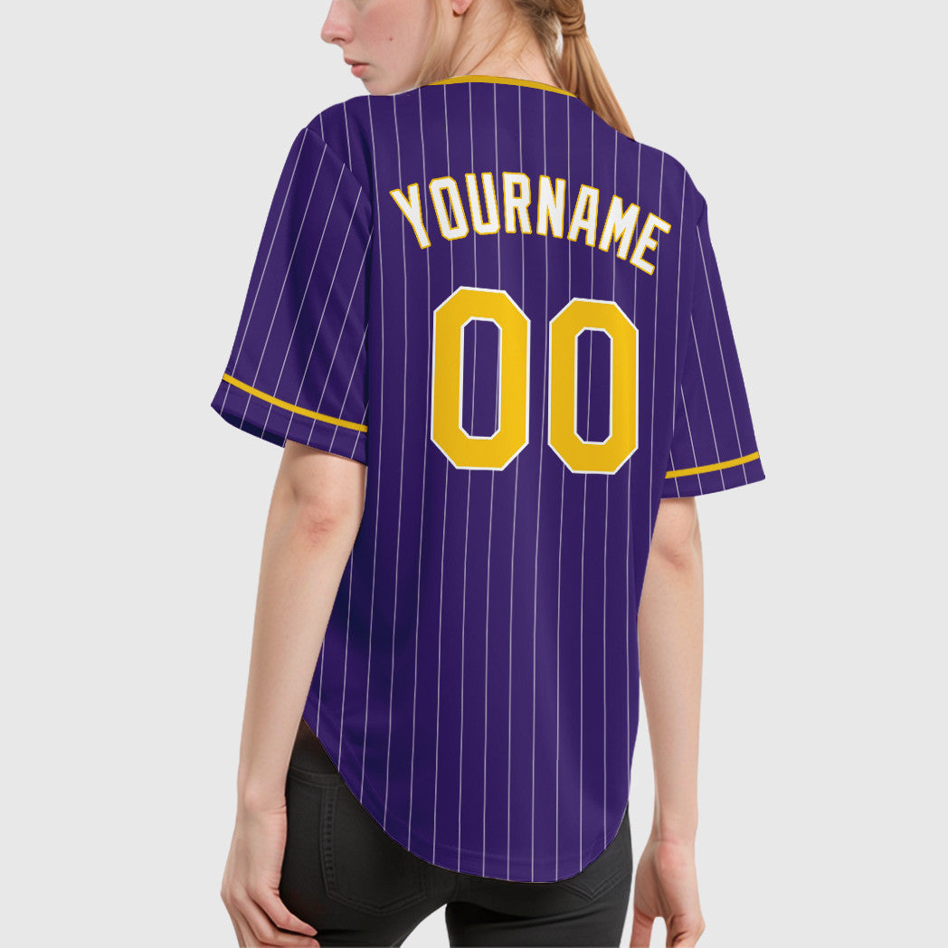 Custom Purple Gold-White Pinstripe Baseball Jersey