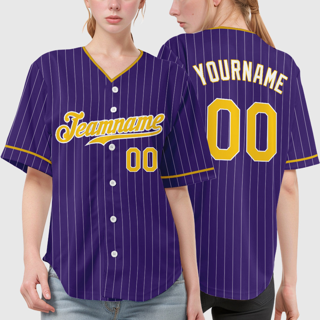Custom Purple Gold-White Pinstripe Baseball Jersey