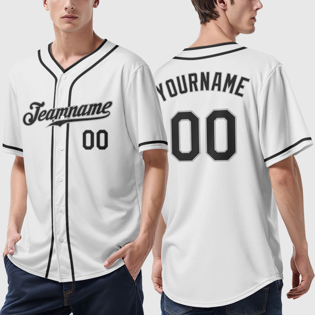 Custom White Black-Gray Piping Baseball Jersey