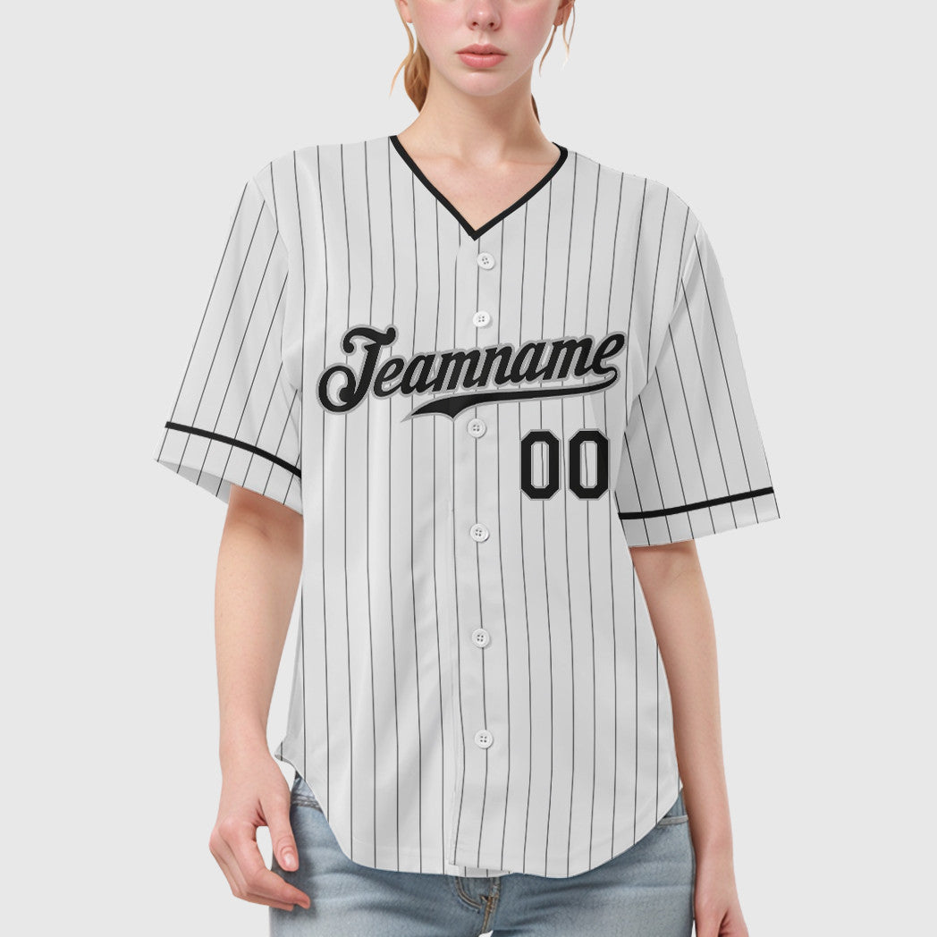 Custom White Black-Gray Pinstripe Baseball Jersey