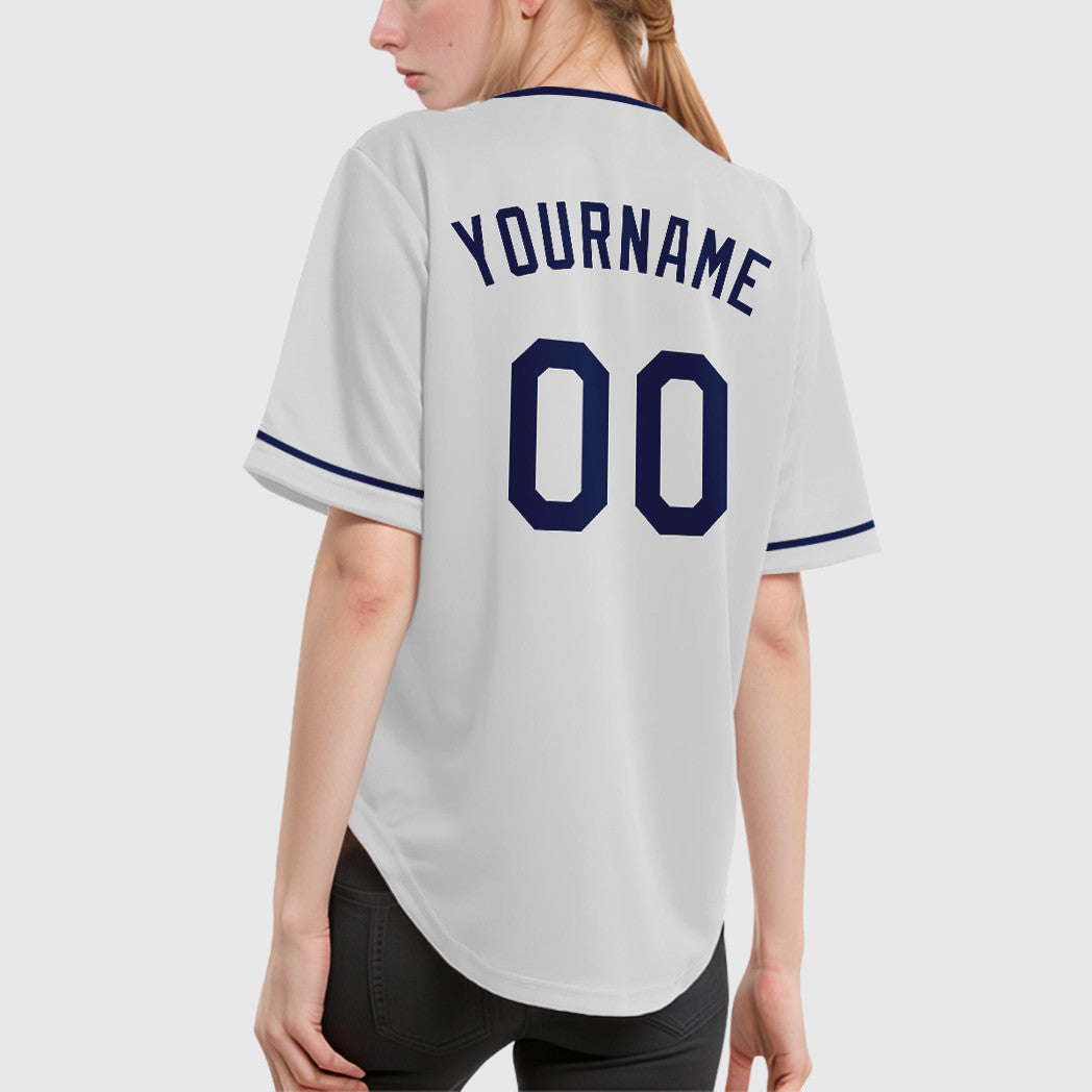 Custom White Navy Collar Sleeve Baseball Jersey