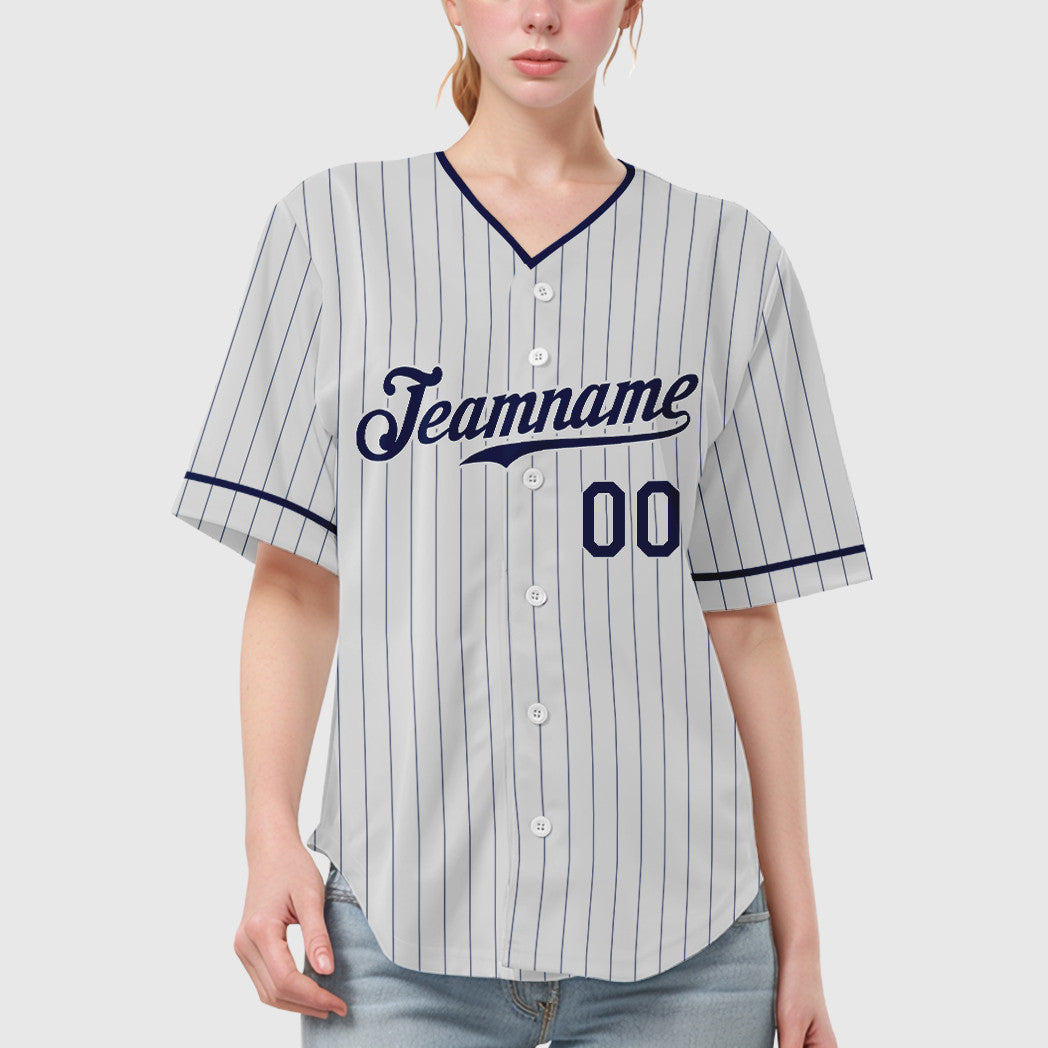Custom White Navy Pinstripe Baseball Jersey