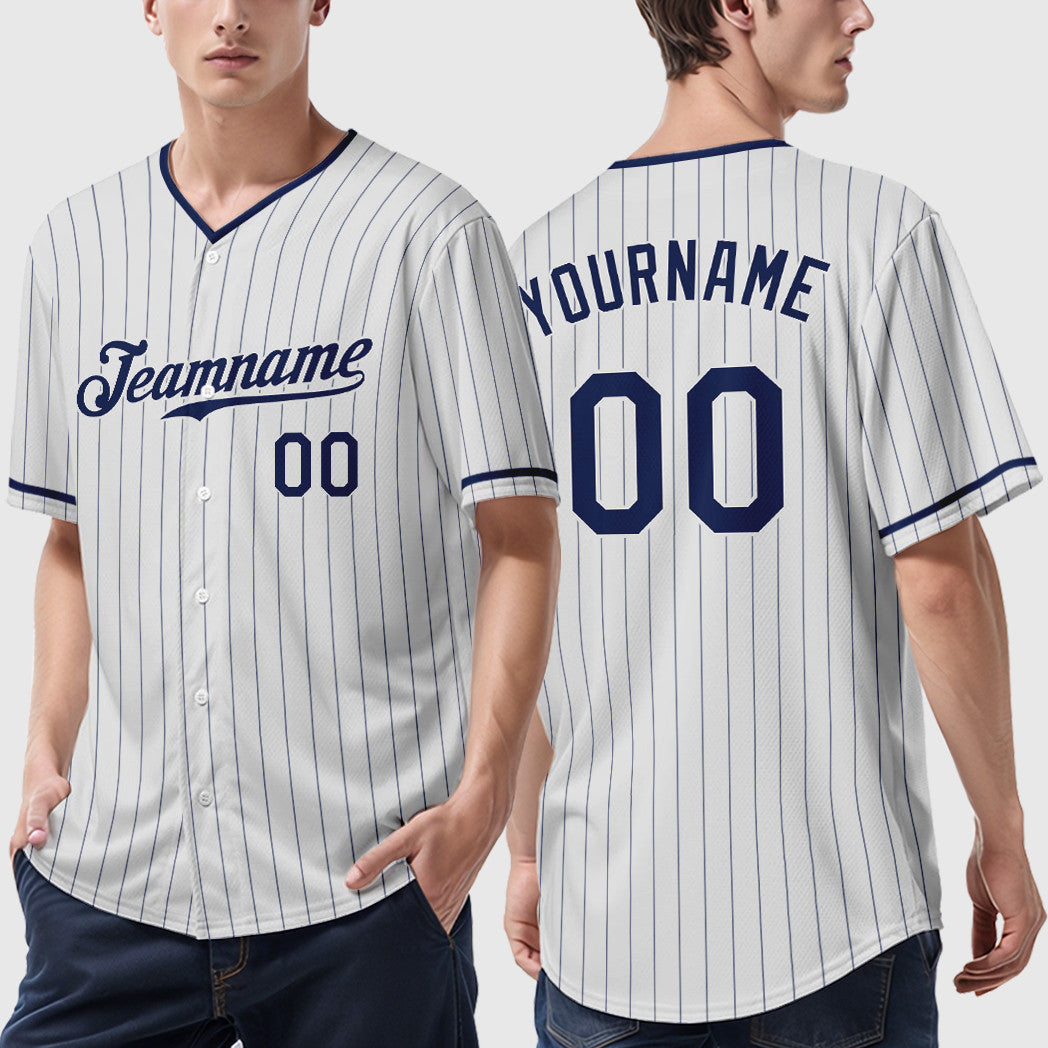 Custom White Navy Pinstripe Baseball Jersey