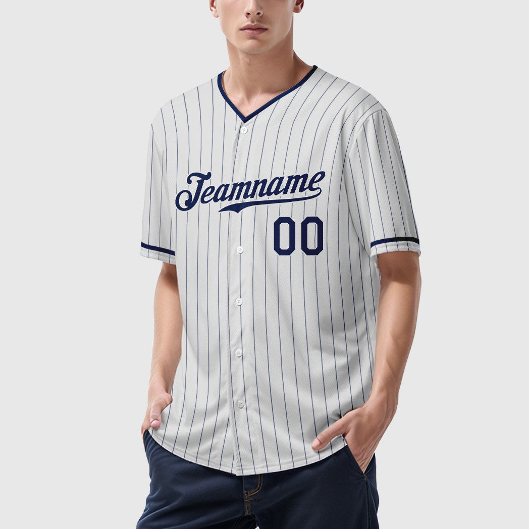 Custom White Navy Pinstripe Baseball Jersey