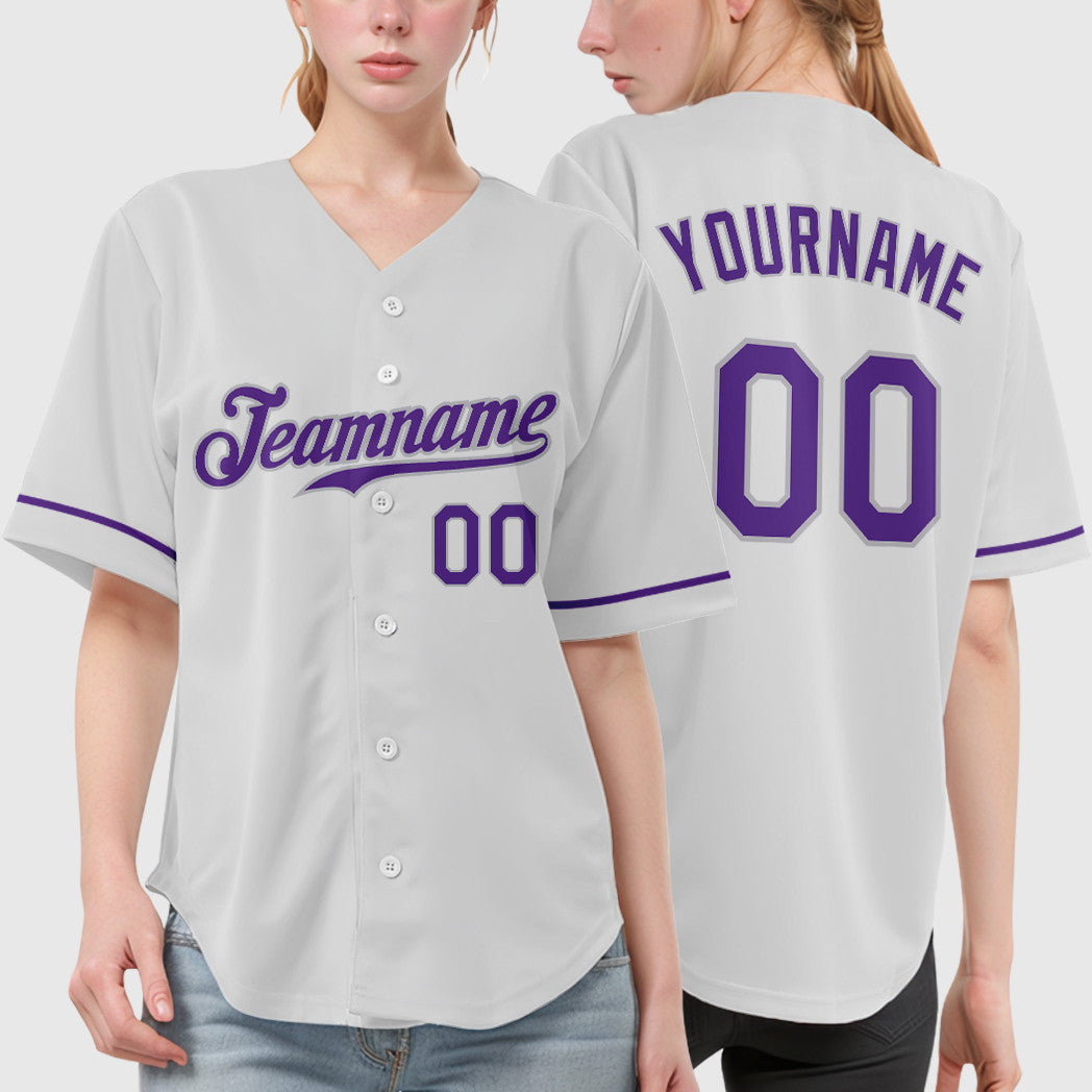 Custom White Purple-Gray Baseball Jersey