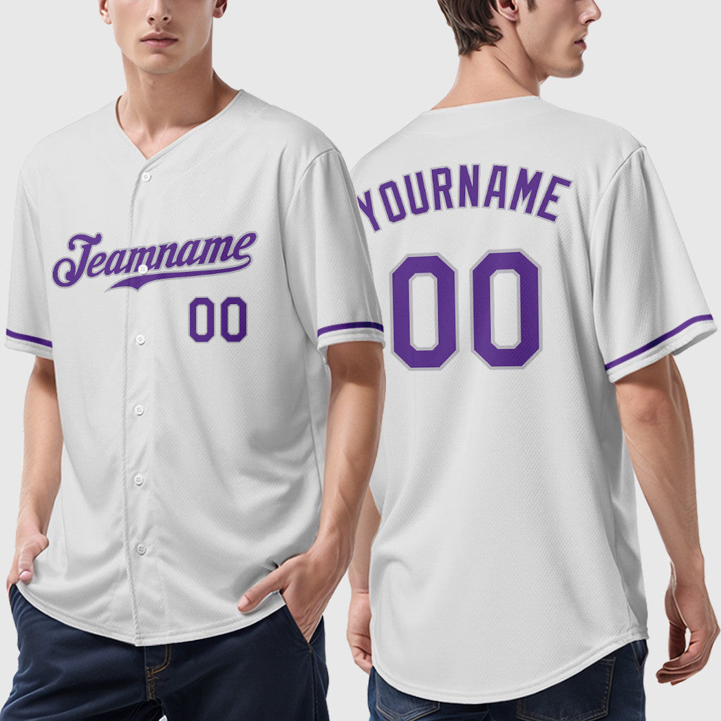 Custom White Purple-Gray Baseball Jersey