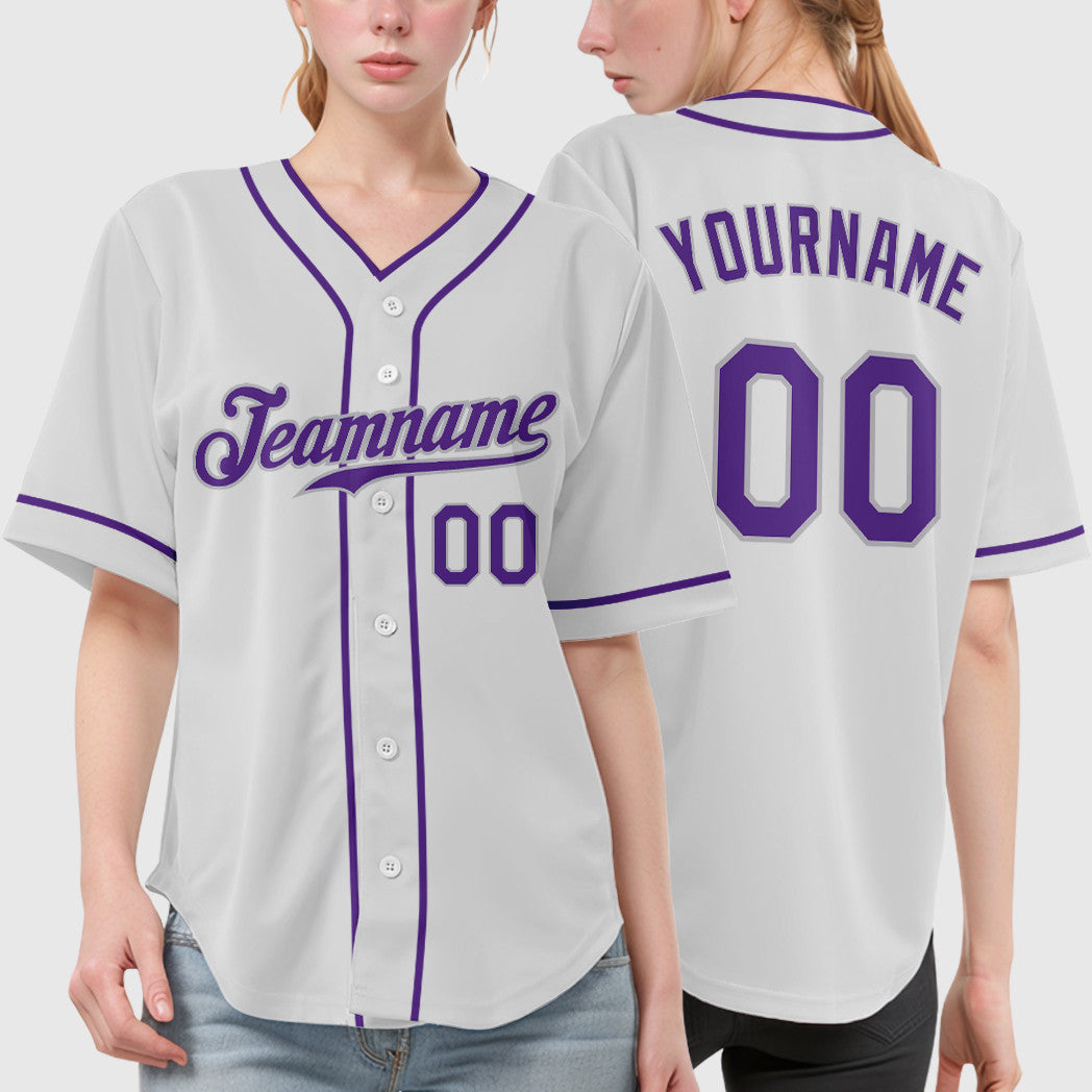 Custom White Purple-Gray Piping Baseball Jersey
