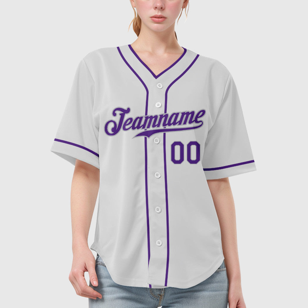Custom White Purple-Gray Piping Baseball Jersey