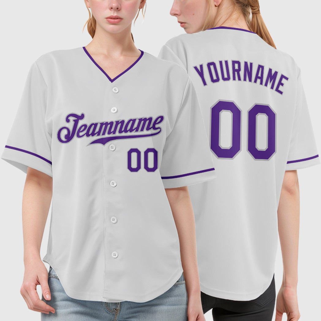 Custom White Purple-Gray Collar Sleeve Baseball Jersey