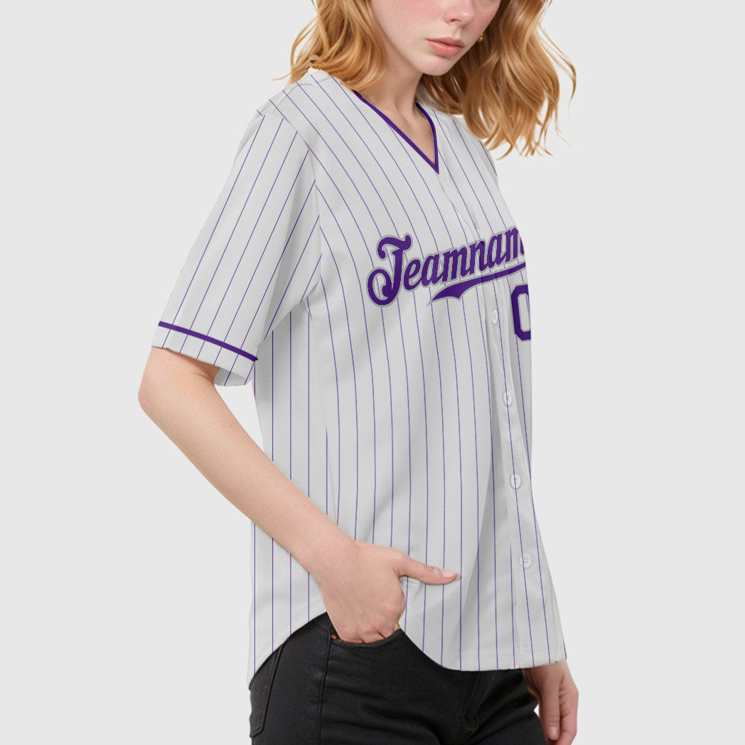 Custom White Purple-Gray Pinstripe Baseball Jersey