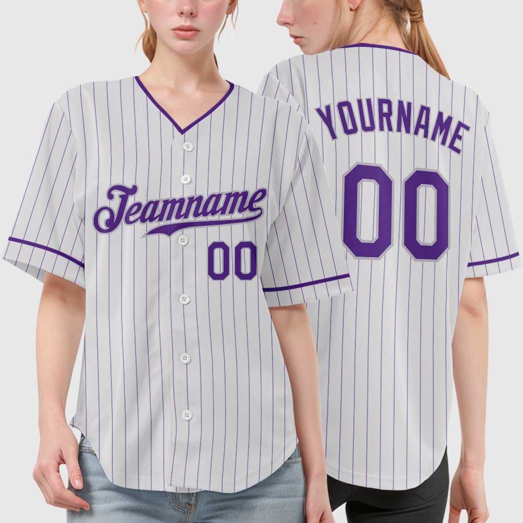 Custom White Purple-Gray Pinstripe Baseball Jersey