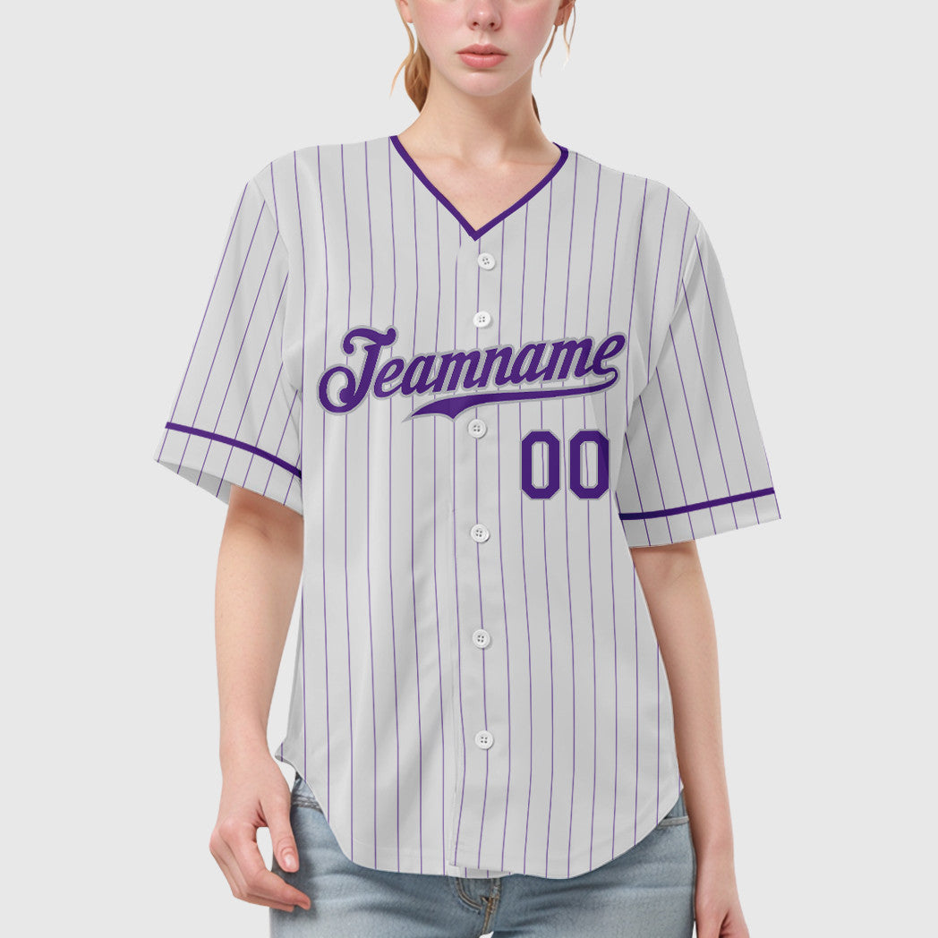 Custom White Purple-Gray Pinstripe Baseball Jersey
