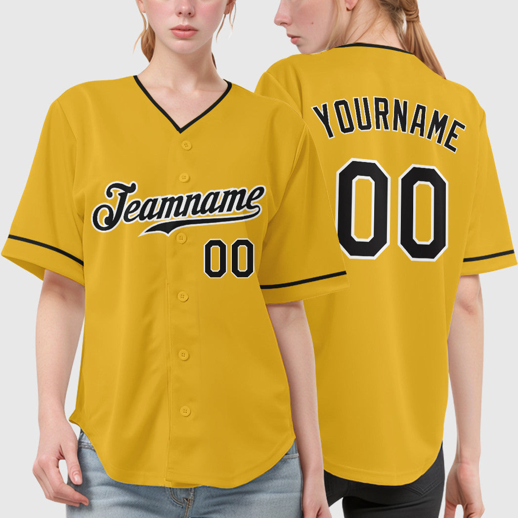 Custom Yellow Black-White Collar Sleeve Baseball Jersey