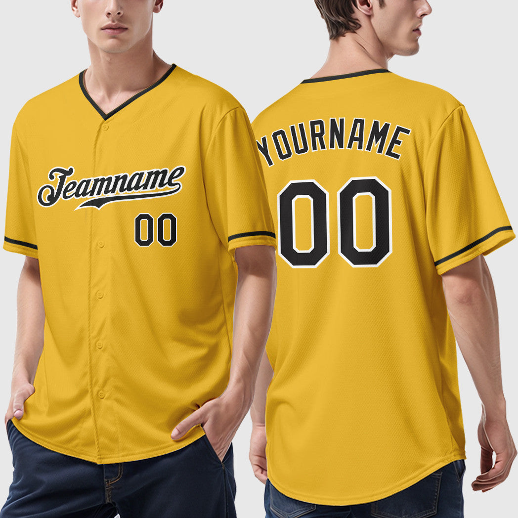 Custom Yellow Black-White Collar Sleeve Baseball Jersey