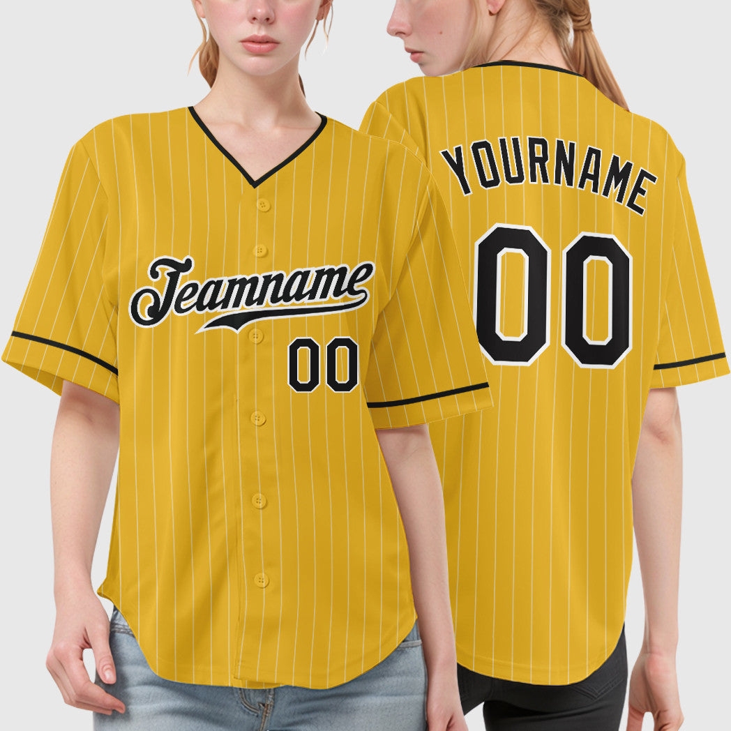 Custom Yellow Black-White Pinstripe Baseball Jersey