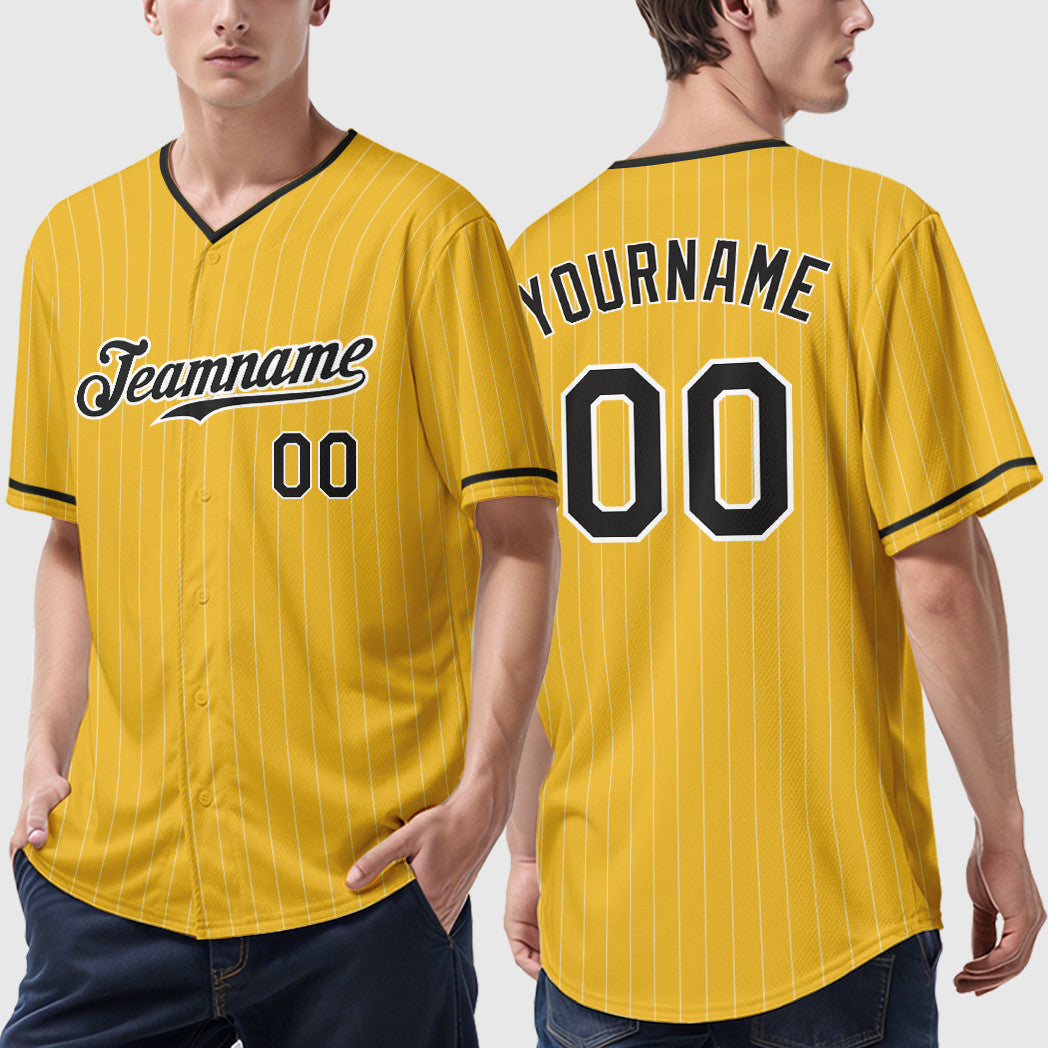 Custom Yellow Black-White Pinstripe Baseball Jersey