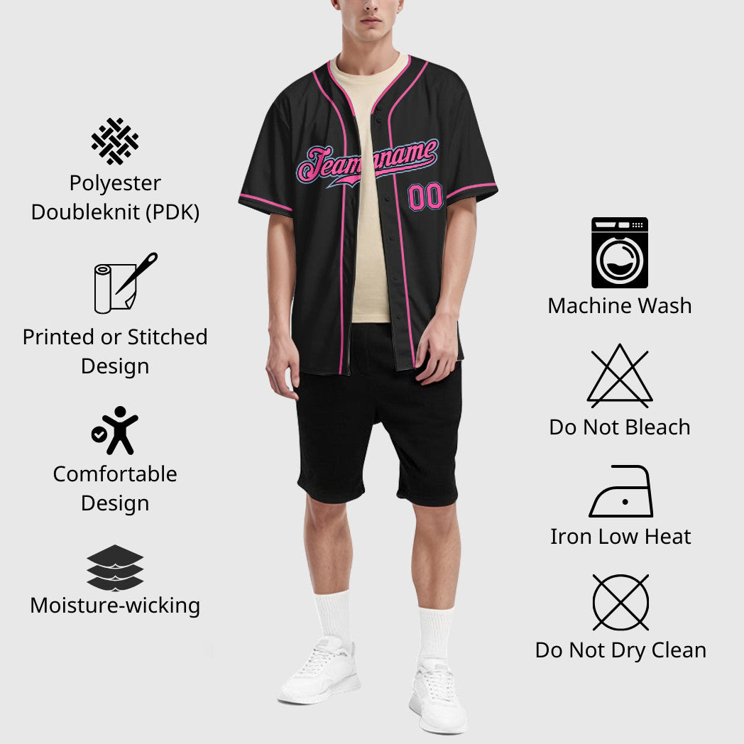 Custom Black Light Pink-Light Blue Piping Baseball Jersey