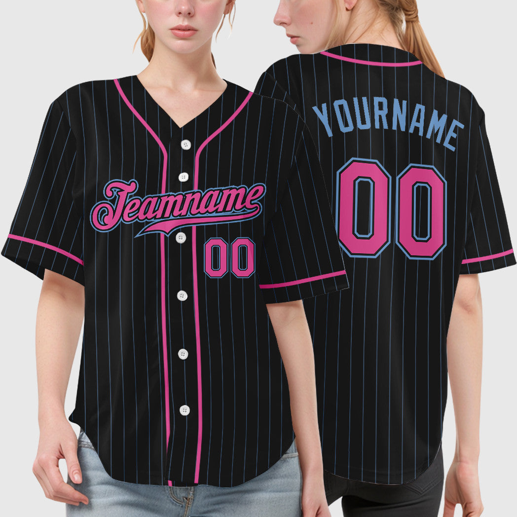 Custom Black Light Pink-Light Blue Piping Pinstripe Baseball Jersey