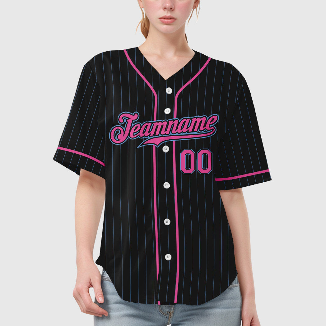 Custom Black Light Pink-Light Blue Piping Pinstripe Baseball Jersey