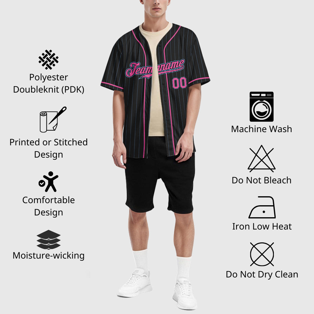 Custom Black Light Pink-Light Blue Piping Pinstripe Baseball Jersey