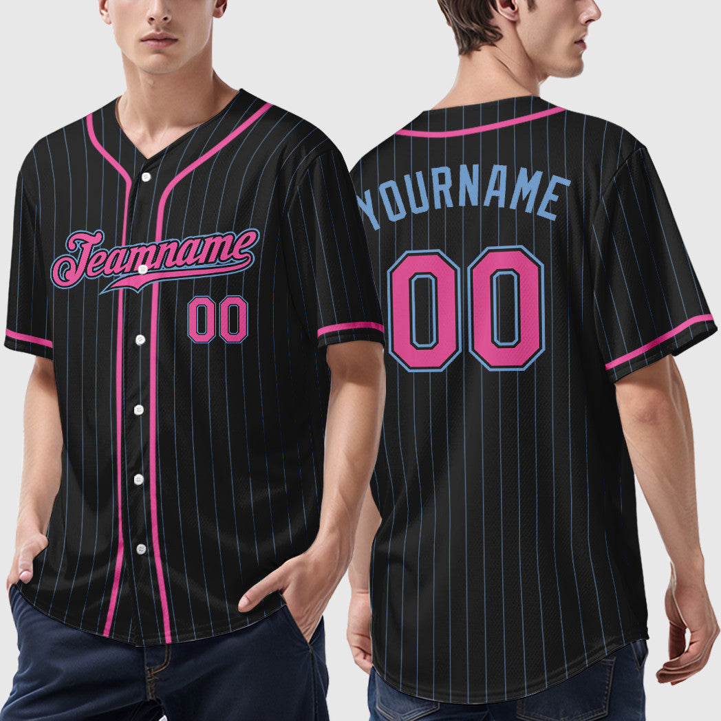Custom Black Light Pink-Light Blue Piping Pinstripe Baseball Jersey