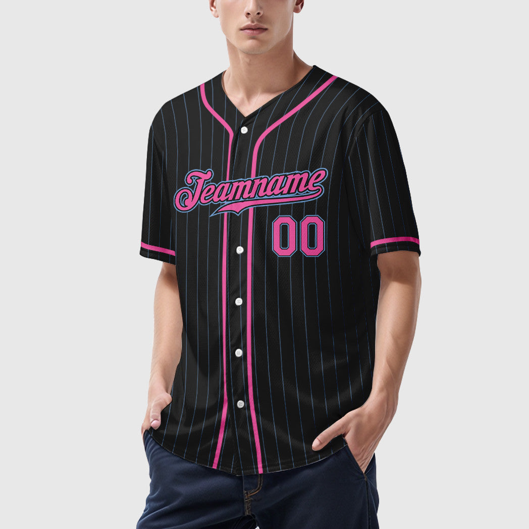 Custom Black Light Pink-Light Blue Piping Pinstripe Baseball Jersey