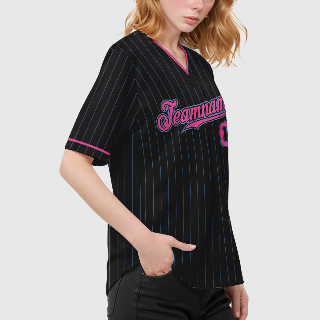 Custom Black Light Pink-Light Blue Pinstripe Baseball Jersey