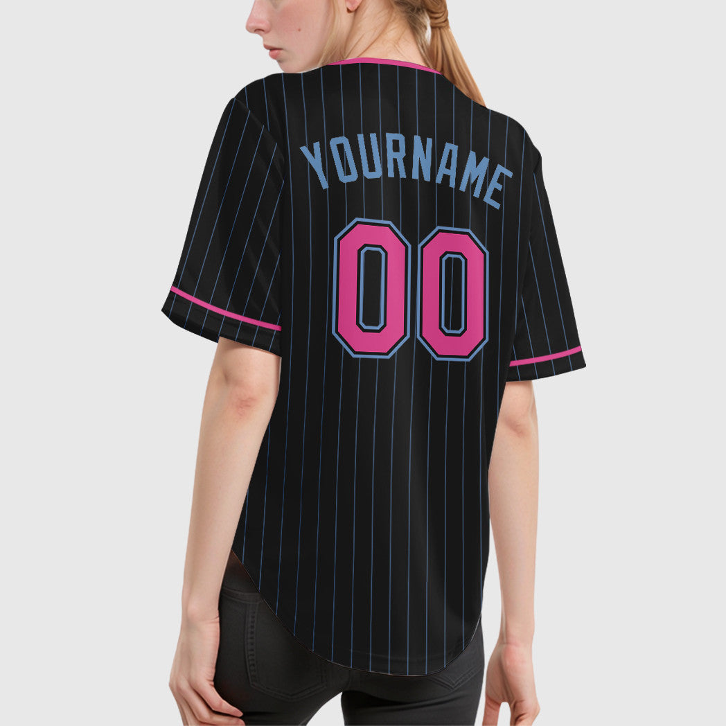 Custom Black Light Pink-Light Blue Pinstripe Baseball Jersey