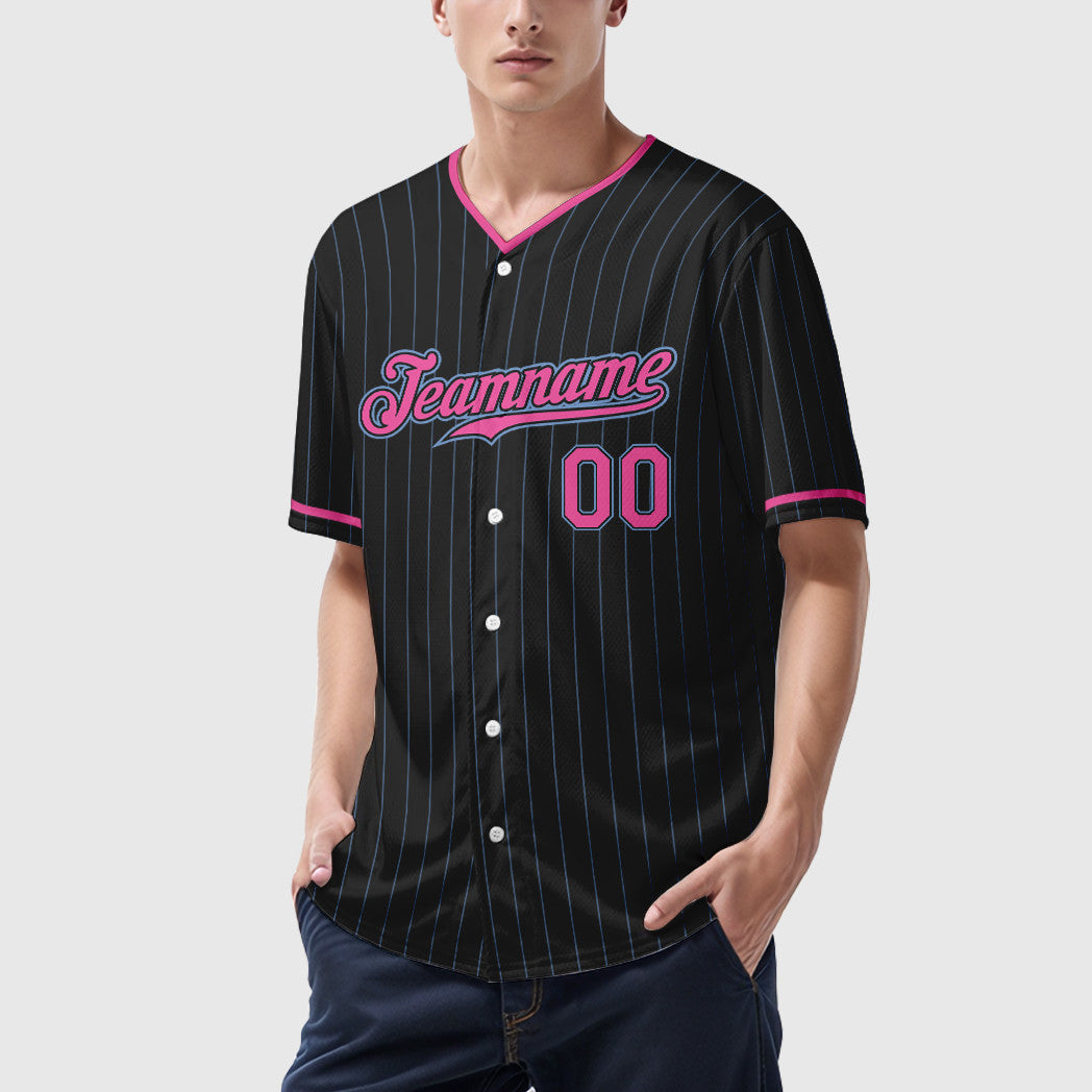 Custom Black Light Pink-Light Blue Pinstripe Baseball Jersey