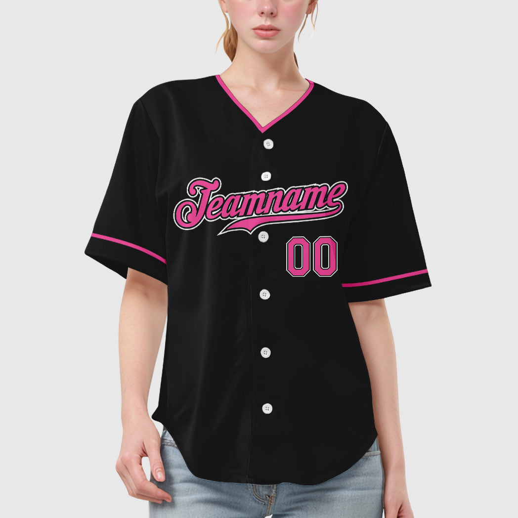 Custom Black Pink-White Collar Sleeve Baseball Jersey