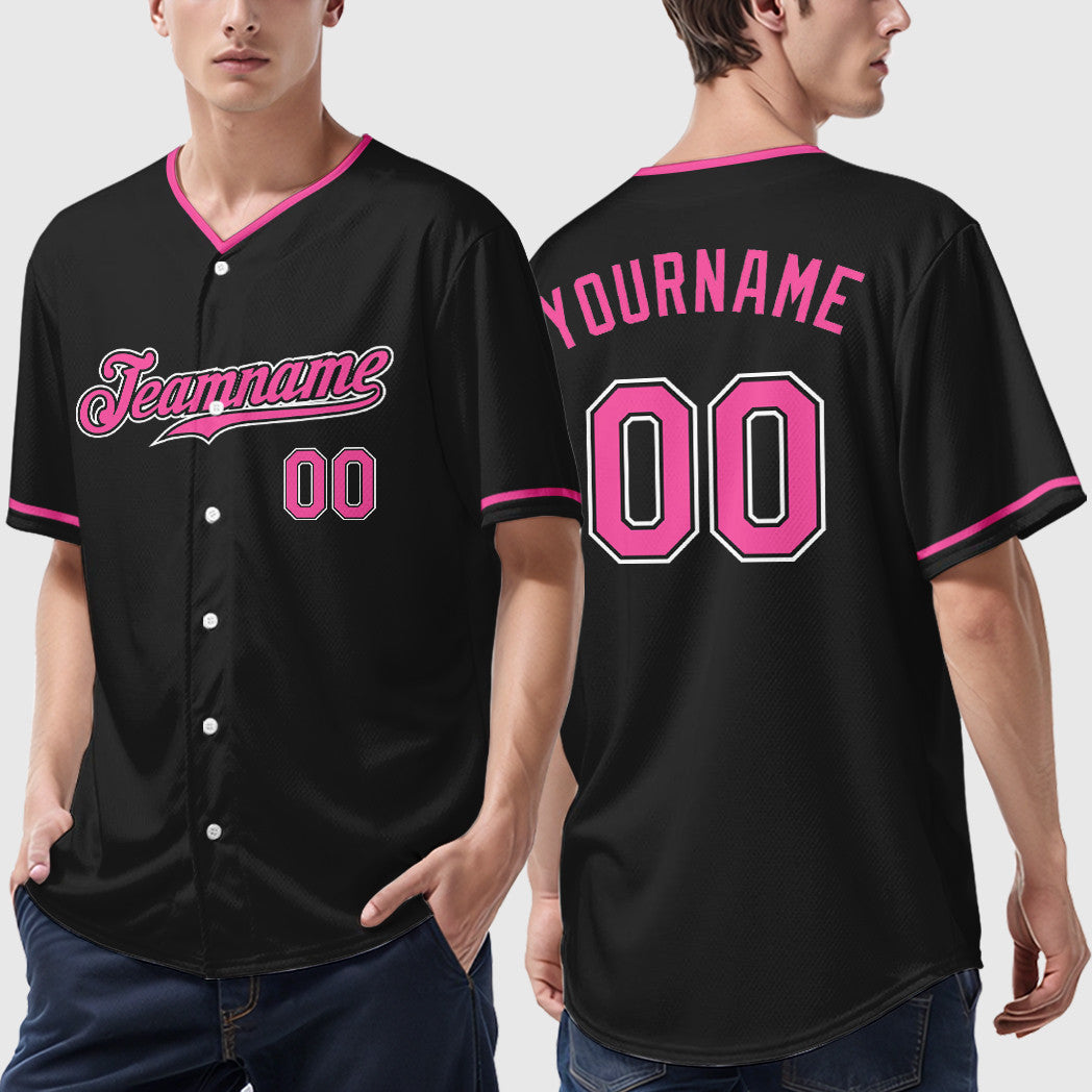Custom Black Pink-White Collar Sleeve Baseball Jersey