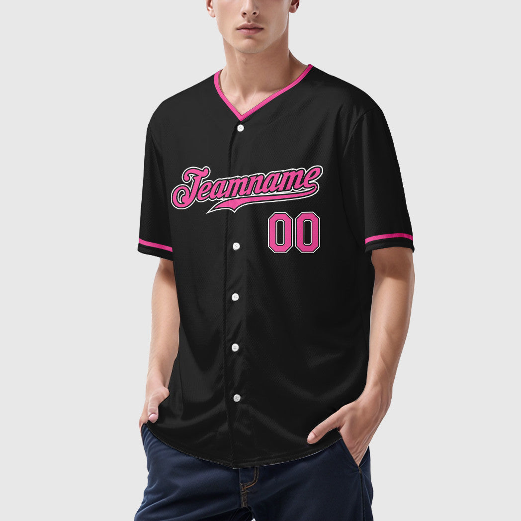 Custom Black Pink-White Collar Sleeve Baseball Jersey
