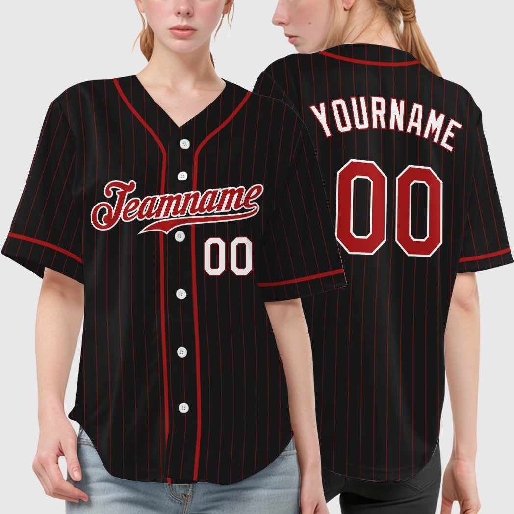 Custom Black Red-White Piping Pinstripe Baseball Jersey