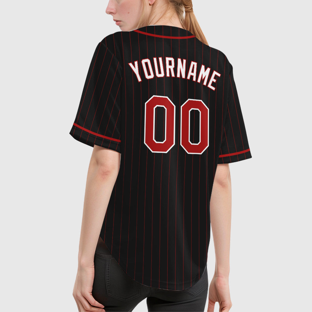 Custom Black Red-White Piping Pinstripe Baseball Jersey