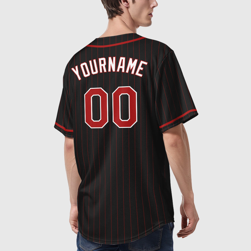 Custom Black Red-White Piping Pinstripe Baseball Jersey