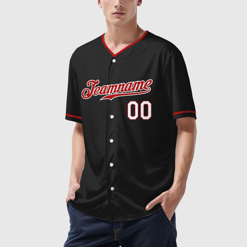 Custom Black Red-White Collar Sleeve Baseball Jersey