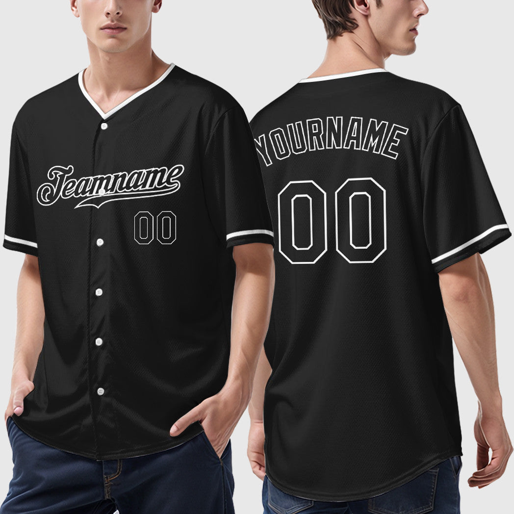 Custom Black White Collar Sleeve Baseball Jersey